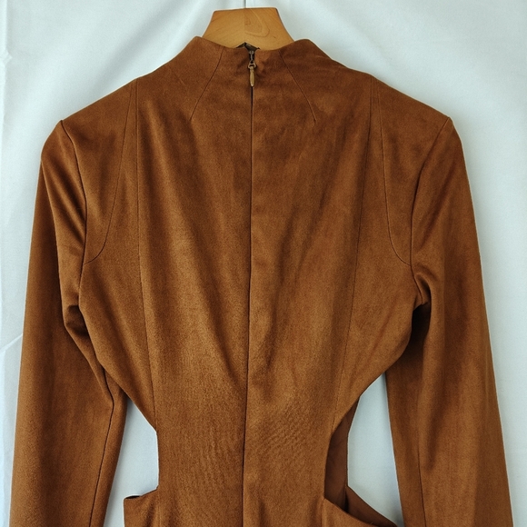 House Of CB London Brown Suede Midi Dress High Neck Cutout Slit Size Small - Picture 15 of 16